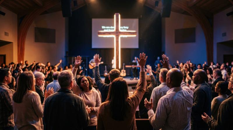People with raised hands praying in front of a glowing cross during Christian worship, church gathering in warm atmospheric light, spiritual praise and Easter devotion, ultra-realistic, no logos.