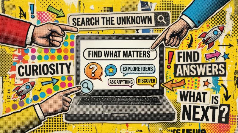 A trendy search-themed pop-art collage with a halftone laptop, search bar and pointing hands on a textured yellow background, bold mixed-media digital curiosity, ultra-realistic, no logos.