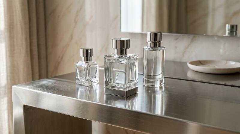 A reflective metallic perfume background with glossy highlights, sleek luxury surfaces and minimal high-end beauty aesthetic, ultra-realistic, no logos.