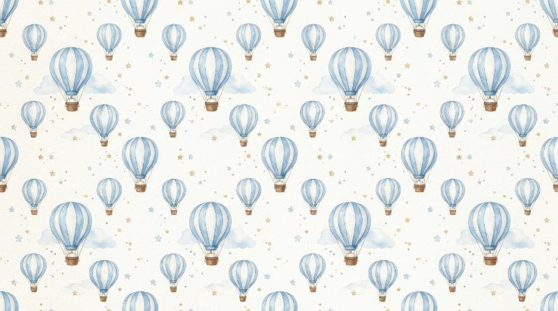A seamless watercolor pattern of blue striped hot air balloons and tiny stars, airy nursery design with soft whimsical motion, ultra-realistic, no logos.