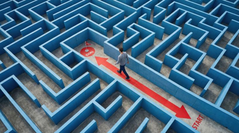 A man walking on a red arrow path through a blue maze, clean composition, strong color contrast, overhead perspective and a focused atmosphere of optimized strategy and direct success,