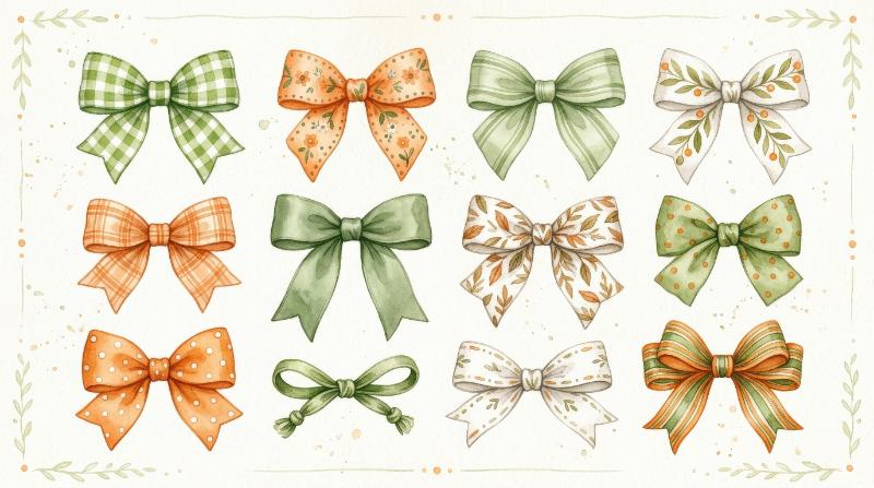 A watercolor set of cute hand-painted bows in green, white and orange, rustic decorative charm, delicate ornamental softness, ultra-realistic, no logos.