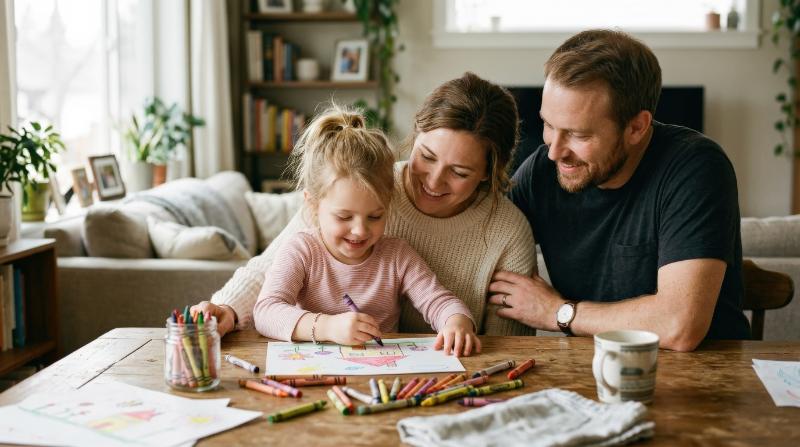 A family moment with mom and dad as their daughter draws, crayons on the table, warm home setting, affectionate interaction, gentle daylight, ultra-realistic, no logos.