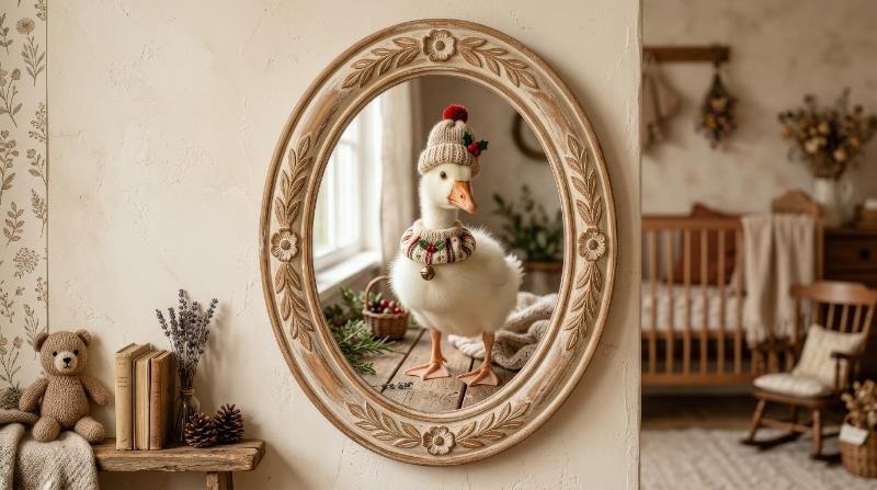 A cute goose in a festive hat and collar inside an oval frame, beige cottagecore styling and warm nursery charm, ultra-realistic, no logos.