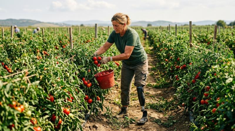An amputee with a prosthetic leg working in a tomato plant, lush green rows, ripe red tomatoes, determined posture, warm daylight, resilient and grounded atmosphere, ultra-realistic, no logos.