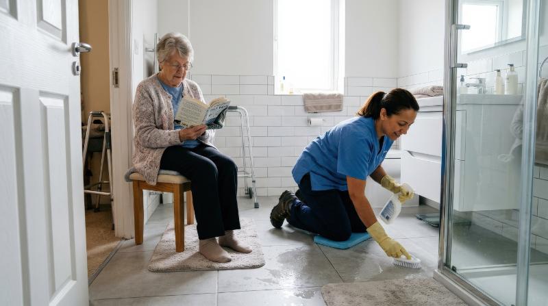 An elderly woman reading while a caregiver cleans the bathroom floor, modern tiled room, compassionate everyday care atmosphere, ultra-realistic, no logos.