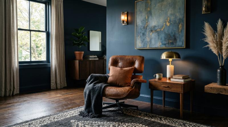 A modern living room with a leather armchair on wood flooring against a dark blue wall, rich textures and moody refined atmosphere, ultra-realistic, no logos.