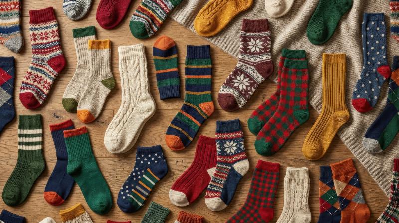 A seamless pattern of socks in assorted prints and textures, cozy winter hosiery repetition, warm domestic atmosphere, ultra-realistic, no logos.