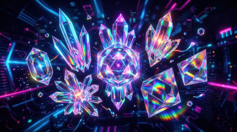 A retro-futuristic set of glossy holographic objects on black, iridescent crystal forms with dispersion light, bold neon atmosphere, ultra-realistic, no logos.