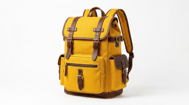 A bright yellow backpack with brown leather accents and multiple buckles isolated on a white background, crisp studio light and detailed stitching, clean product atmosphere, ultra-realistic, no logos.