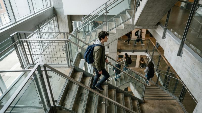High-angle view of a young male student moving up the stairs of a university building, backpack, geometric lines, natural light, purposeful academic routine, ultra-realistic, no logos.