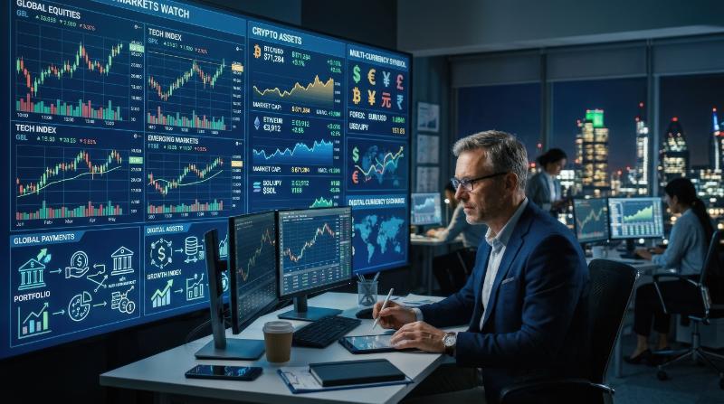 A global investor analyzing digital currency exchange, stock charts and banking icons on a luminous financial dashboard, multi-currency symbols, fintech growth atmosphere, ultra-realistic, no logos.