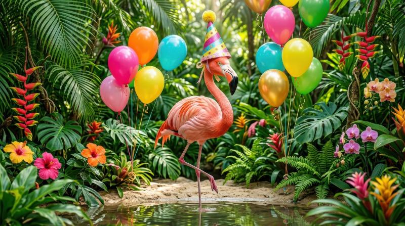 A playful flamingo wearing a party hat among balloons in a lush tropical setting, vivid greenery, cheerful colors and celebratory whimsy, ultra-realistic, no logos.