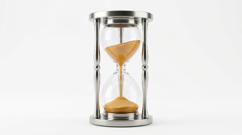 A polished hourglass countdown icon isolated on a white background, clear glass chamber and flowing sand, focused deadline atmosphere, ultra-realistic, no logos.