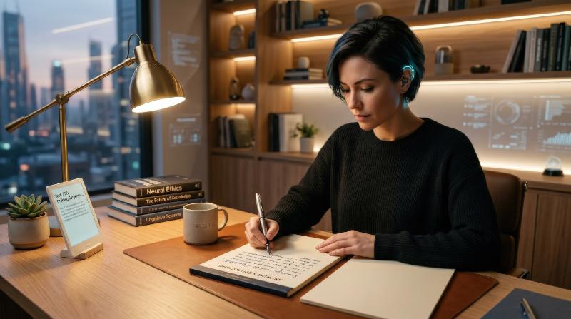 A helpful AI assistant writing answers by hand with pen on paper at a tidy desk, warm study light, clean workspace, thoughtful and futuristic atmosphere, ultra-realistic, no logos.