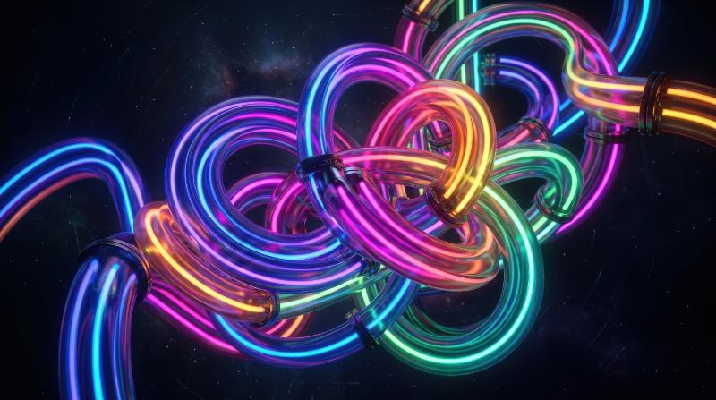 Interlocking colorful pipes on a dark background, torus-inspired forms with neon gradients, playful geometry and bold contemporary digital atmosphere, ultra-realistic, no logos.