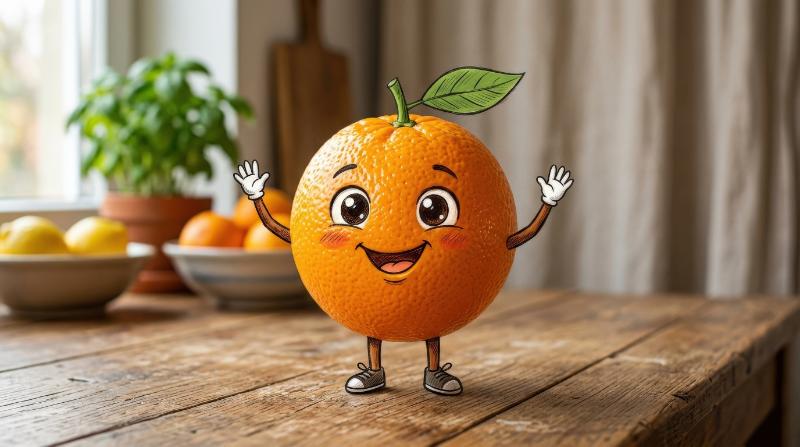 A cute orange fruit character with hand-drawn charm, expressive face, bright citrus color, simple playful composition, ultra-realistic, no logos.