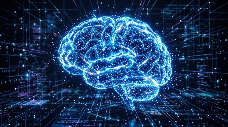 A blue brain made of particles and sparkling light, futuristic AI concept with glowing neural energy and digital atmosphere, ultra-realistic, no logos.