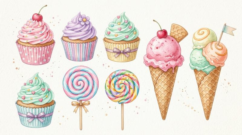 A watercolor sweets clipart set with cupcakes, ice cream cones and lollipops in pastel tones, sugary playful nursery atmosphere, ultra-realistic, no logos.