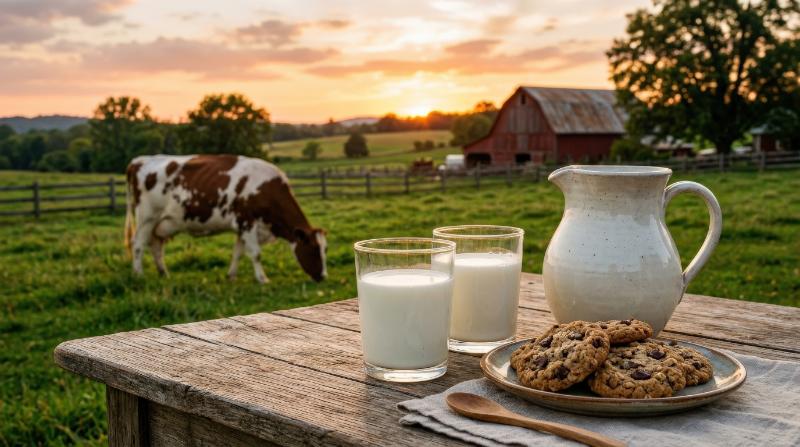 Fresh milk in glasses and a pitcher beside cookies on a wooden table, a cow grazing in the background at sunset, warm rural light and wholesome farm atmosphere, ultra-realistic, no logos.