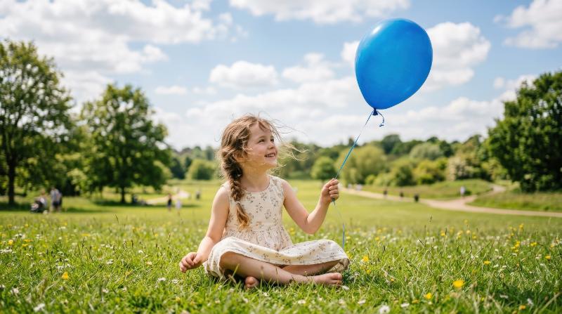 A girl sitting on fresh grass holding a blue balloon, soft summer dress, gentle breeze, open park setting, bright daylight and a dreamy playful mood, ultra-realistic, no logos.