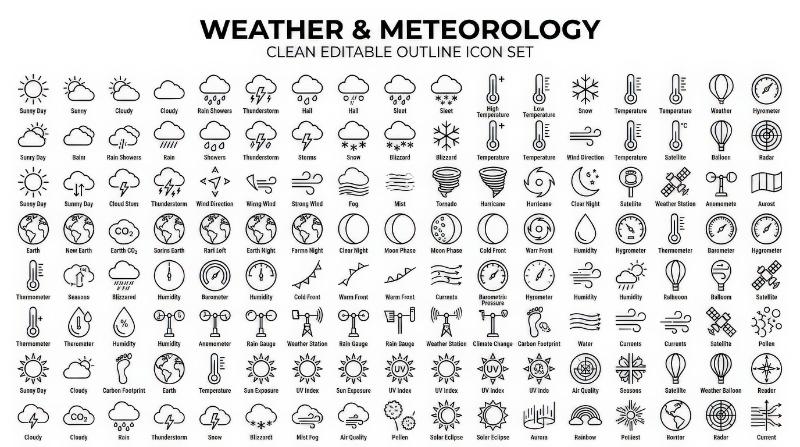 Weather and meteorology icons with forecast, climate and atmospheric symbols in a clean editable outline set on white, informative and airy, ultra-realistic, no logos.