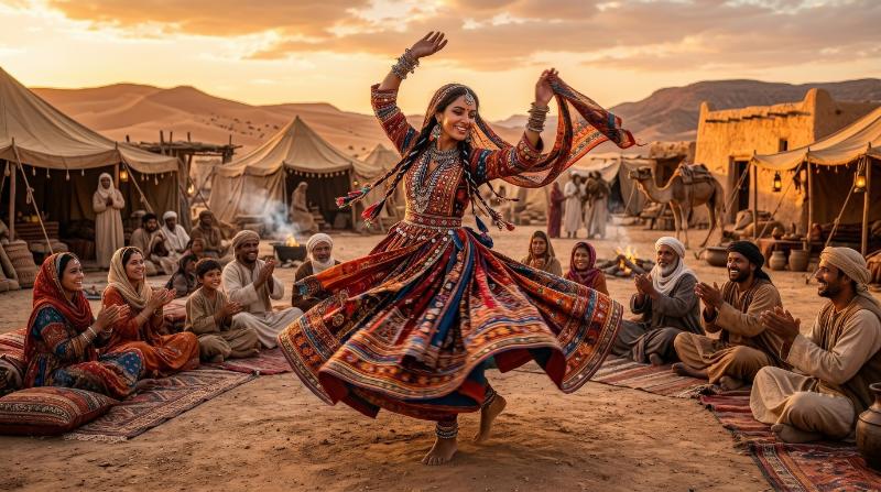 A woman dancing in traditional clothing in an ancient desert settlement, flowing garments, sand-toned tents and gathered villagers, warm sunset glow and celebratory nomadic atmosphere,