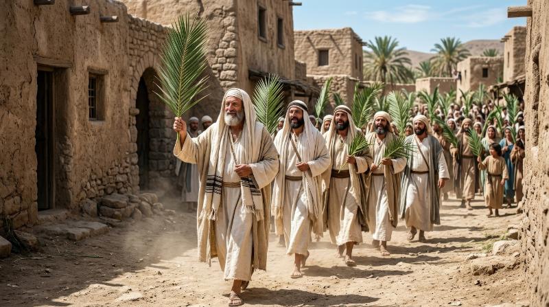 Men holding palm fronds in procession, dusty pathway, traditional robes, bright sunlight and a reverent celebratory Palm Sunday atmosphere, ultra-realistic, no logos.