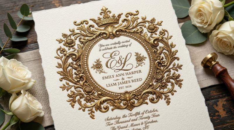 A vintage crest frame with ornate oval monogram border, baroque floral flourishes and decorative wedding-invitation sophistication, ultra-realistic, no logos.