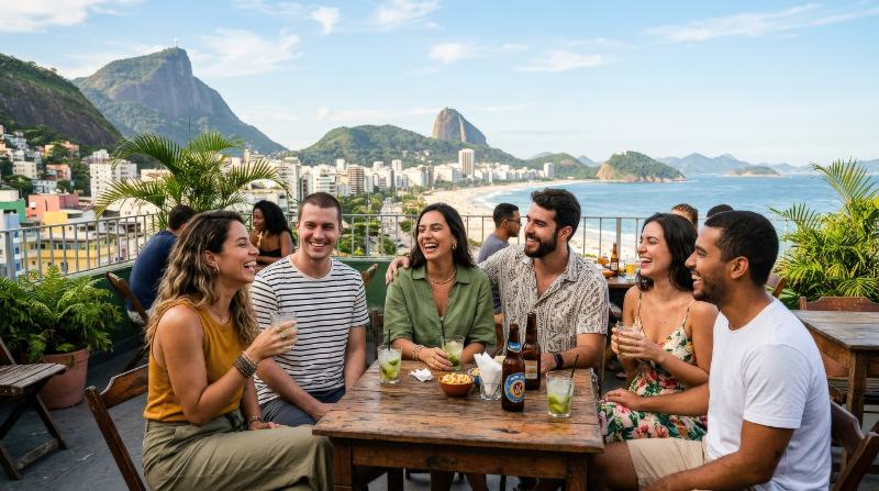 A group of friends enjoying a summer afternoon outdoors in Rio de Janeiro, relaxed laughter, sunny sky, casual clothing, vibrant urban-tropical backdrop, ultra-realistic, no logos.