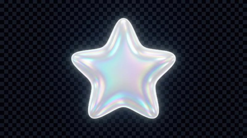 A holographic star shape in glossy white pearl finish, isolated on transparent background, iridescent shimmer, smooth inflated edges, clean luminous mood, ultra-realistic, no logos.