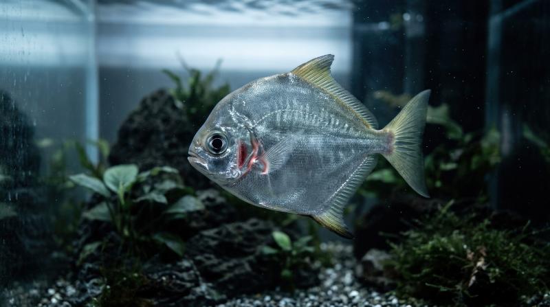 A silvery fish with a steep forehead and large eye swimming in an aquarium, cool monochrome light through glass, subtle red near the gill and quiet underwater elegance, ultra-realistic, no logos.