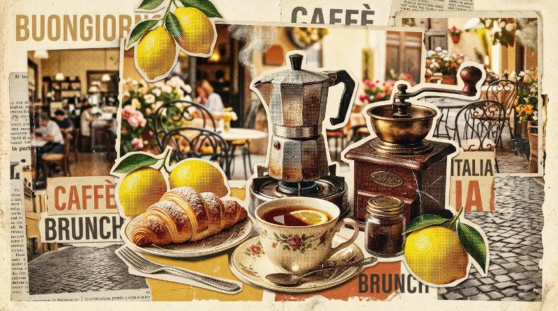 An Italian brunch halftone collage with lemon, croissant, tea cup, coffee grinder and vintage coffeemaker, warm breakfast tones and nostalgic summer ca feel, ultra-realistic, no logos.