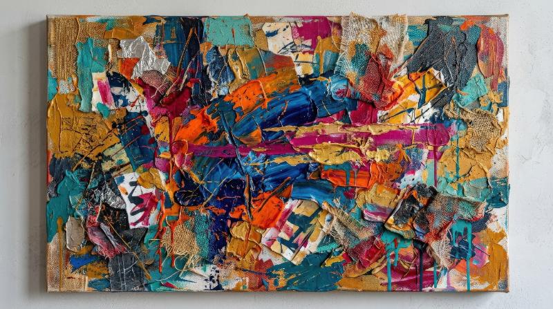 Abstract composition mixing many colors and textures, expressive layered surface, vibrant contemporary atmosphere, ultra-realistic, no logos.