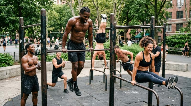 Friends practicing calisthenics in an outdoor park, bodyweight exercises, athletic movement, urban fitness bars and energetic communal spirit, ultra-realistic, no logos.