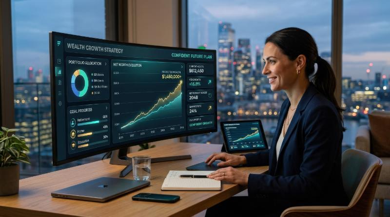 A smart financial planning concept with digital charts, wealth-growth indicators and sleek data panels, modern fintech composition, confident future-focused atmosphere, ultra-realistic, no logos.