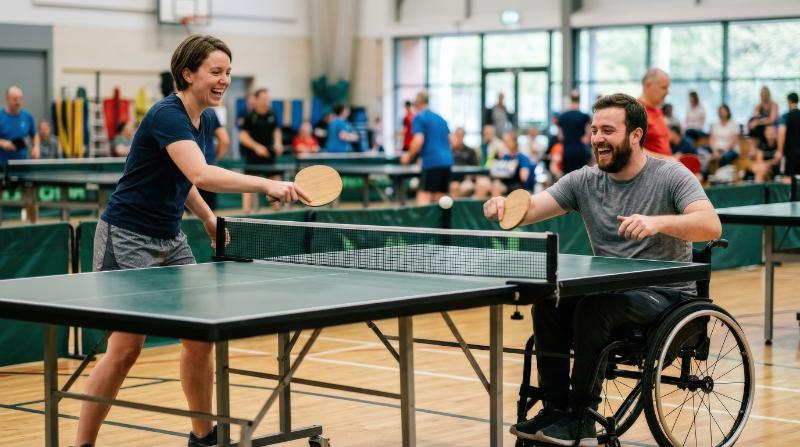 Two friends, one using a wheelchair, playing ping pong together, lively inclusive sports energy, joyful friendship atmosphere, ultra-realistic, no logos.
