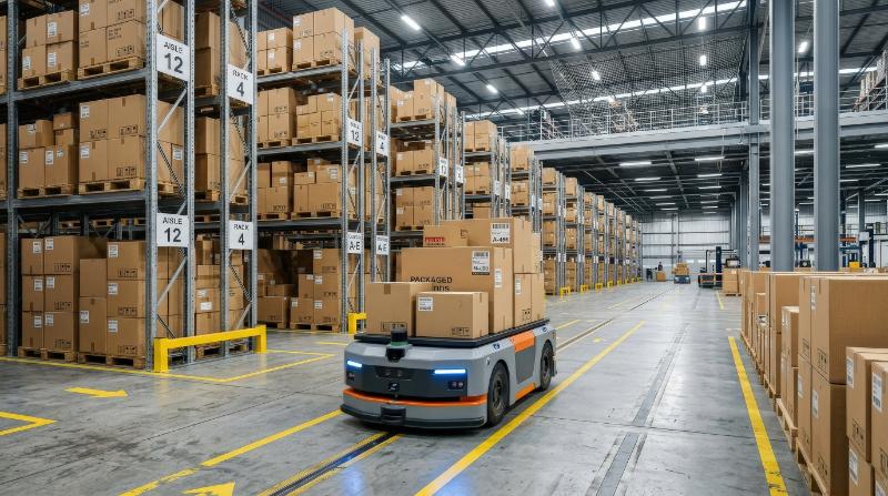 An autonomous mobile robot operating inside a warehouse with tall storage racks and stacked cardboard boxes, clean industrial layout and precise motion, smart logistics atmosphere, ultra-realistic, no