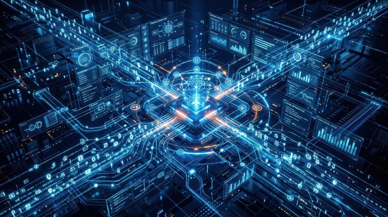 An AI automation digital network with data flow icons and a futuristic interface background, glowing process links, deep blue tech atmosphere, ultra-realistic, no logos.