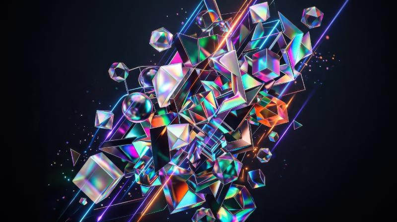 A colorful arrangement of geometric abstract forms on a dark background, iridescent surfaces, deep shadows and vibrant modern digital art energy, ultra-realistic, no logos.