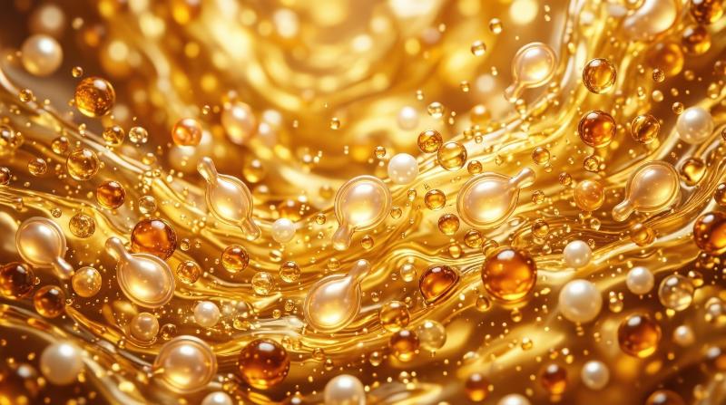 An abstract golden field of serum-like essence or skin-cell capsules, collagen and vitamin-inspired droplets, glowing liquid textures and luxurious skincare energy, ultra-realistic, no logos.