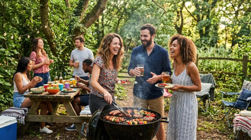 Friends enjoying a barbecue party in nature, grilled food, drinks, laughter, green outdoor setting, cheerful social atmosphere, ultra-realistic, no logos.