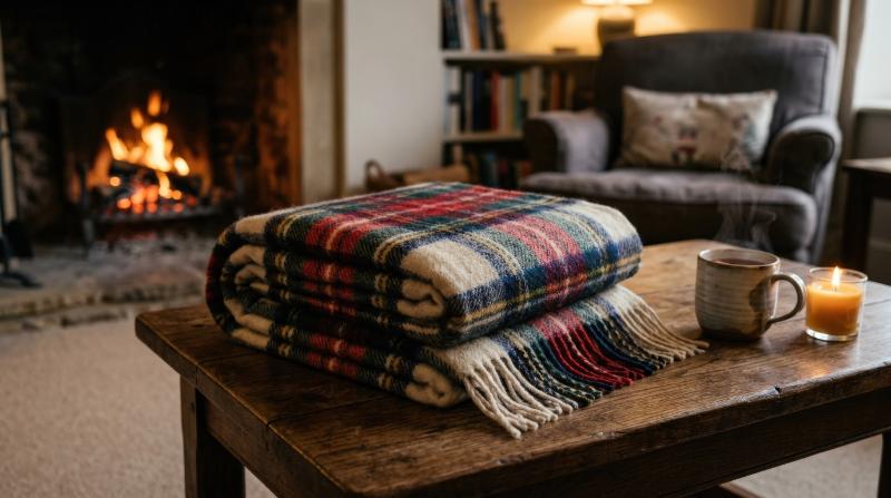 A cozy plaid blanket folded neatly, soft woven texture, inviting warmth and calm home-comfort atmosphere for chilly evenings, ultra-realistic, no logos.