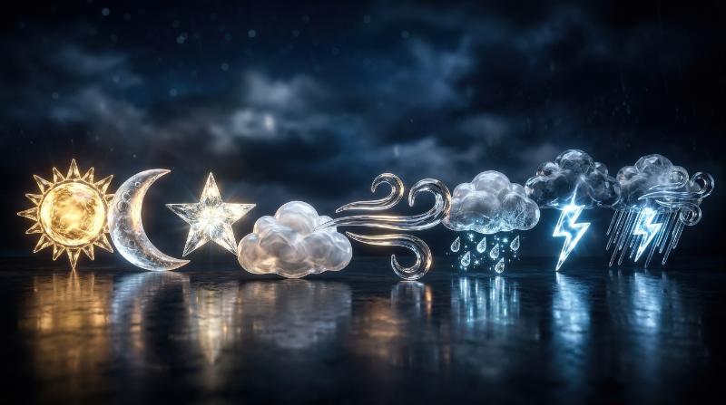A glass weather icon set combining rain, wind, lightning, cloud, moon, star and sun, luminous crystal finish and a crisp atmospheric-pattern mood, ultra-realistic, no logos.
