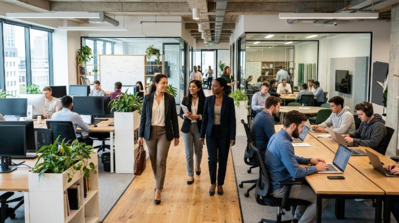 Businesswomen walking through a coworking office while male entrepreneurs work on laptops nearby, layered office activity, bright modern interior, energetic startup atmosphere, ultra-realistic, no