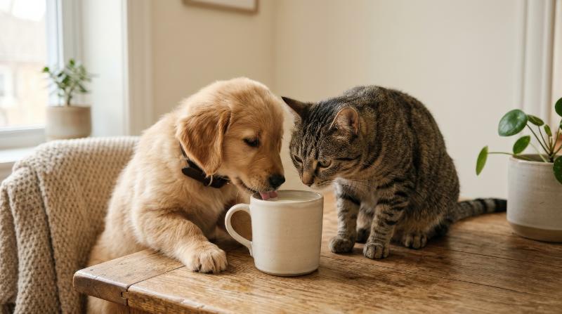 A dog and cat sharing a cup in a minimal cozy scene, gentle companionship, soft domestic atmosphere, ultra-realistic, no logos.