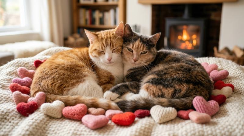 Two cats surrounded by hearts in a warm affectionate setting, soft fur texture, gentle expressions and sweet tender atmosphere, ultra-realistic, no logos.