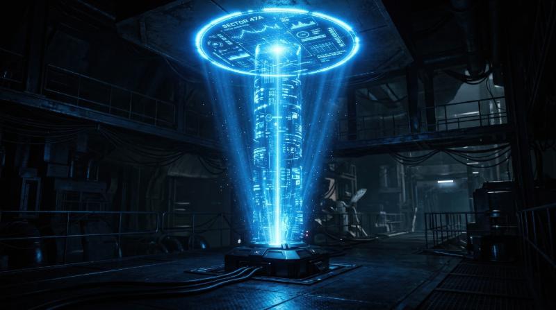 A blue HUD spotlight beam rising like a projection, futuristic glow and clean sci-fi illumination in darkness, ultra-realistic, no logos.