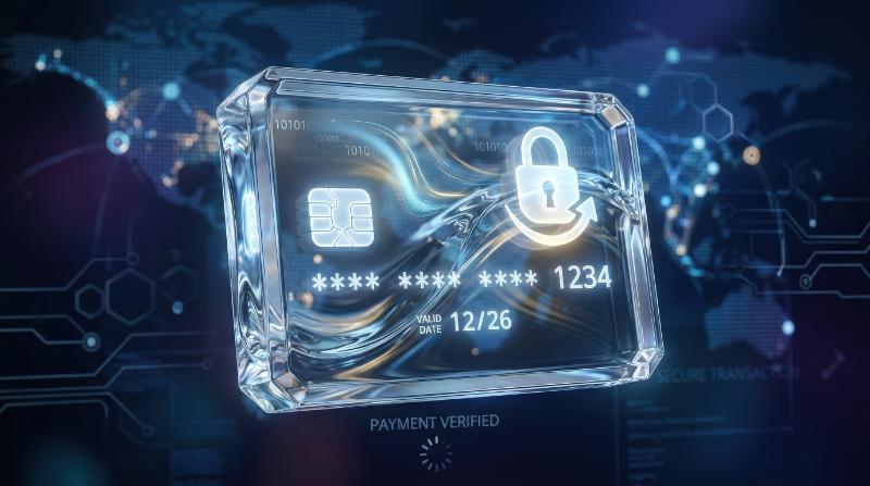 A transparent credit card icon in liquid glass, sleek crystal edges, subtle reflections and a secure online-payment atmosphere, ultra-realistic, no logos.