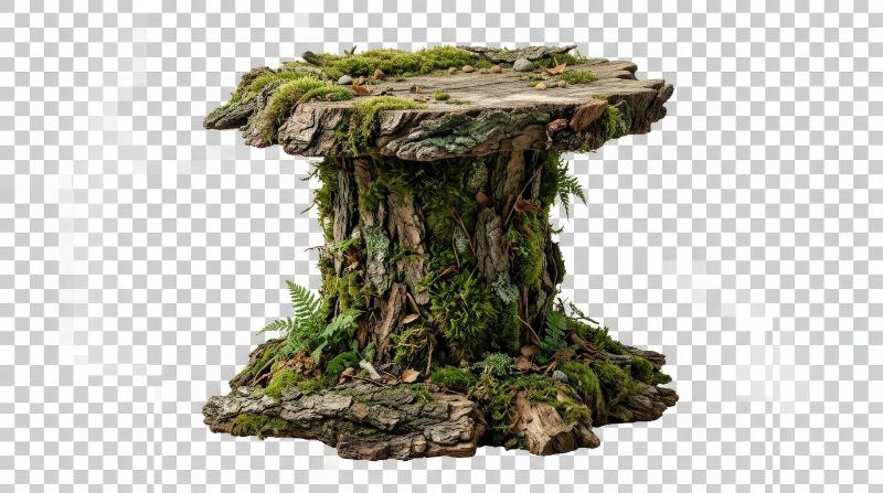 A natural bark-and-moss podium isolated on transparent background, earthy textures, organic edges and eco-inspired display appeal, ultra-realistic, no logos.